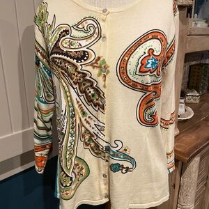 Paisley Button-Up Cardigan in Cream and Orange